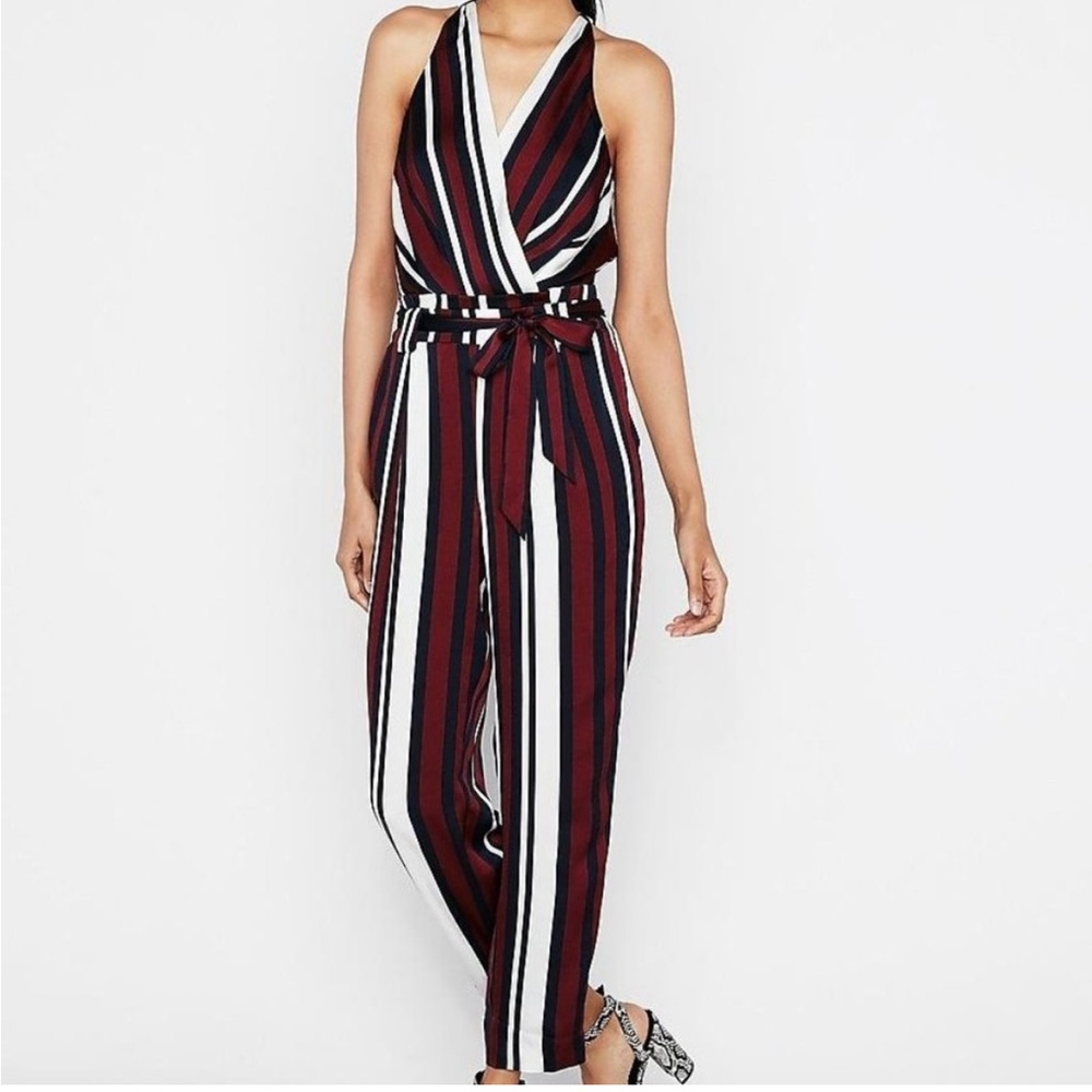Striped Halter Jumpsuit in Burgundy, Black & White